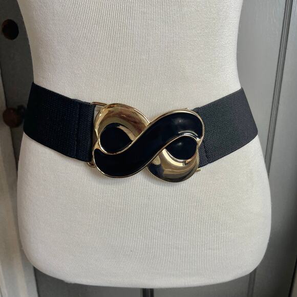 Vintage 80s Black Stretch Belt Gold Large Statement Buckle Wide Waist Retro main image 5